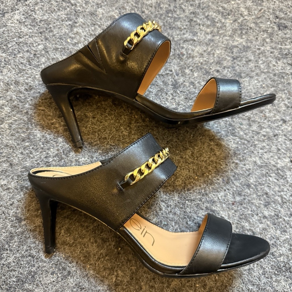 Calvin Klein Lorinda Gold Chain Heels Party Event Going Out Black Leather - Picture 3 of 9